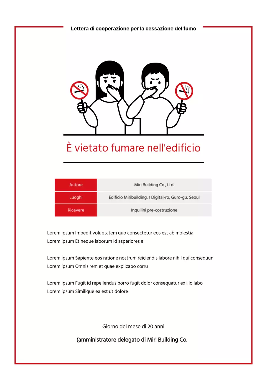 Segnaletica per edifici non fumatori con illustrazione rossa della zona vietata ai fumatori