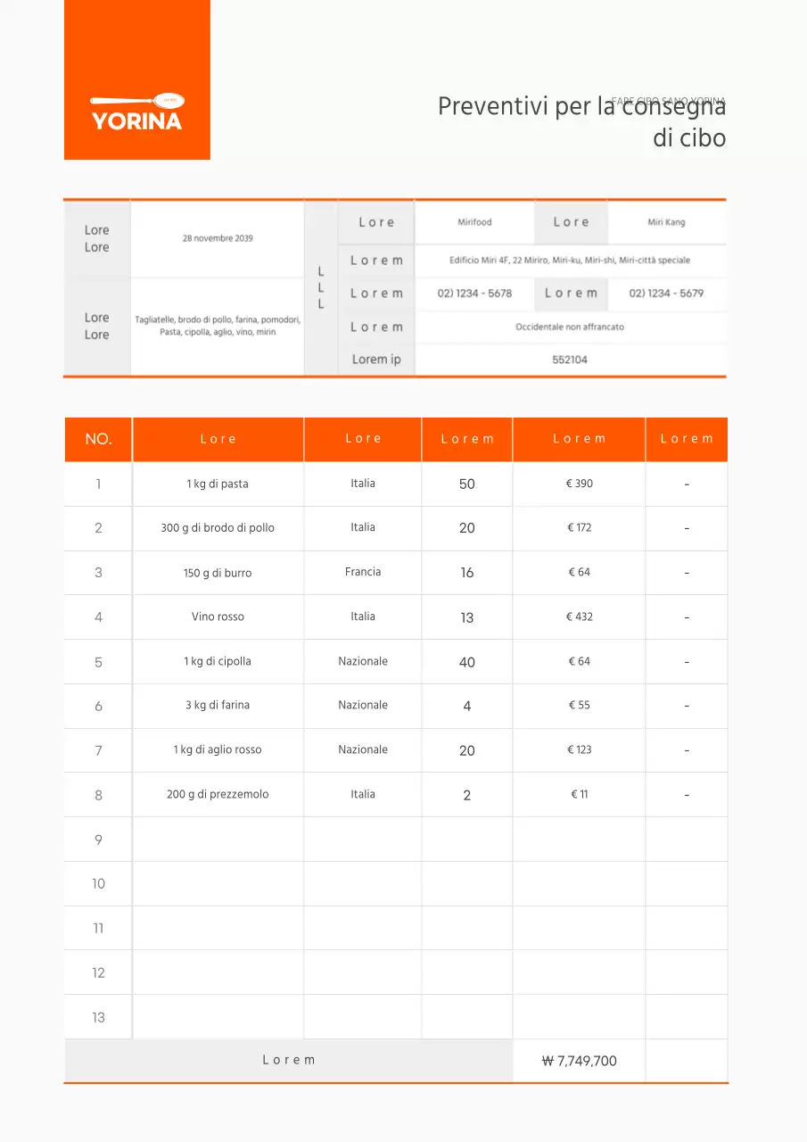Un semplice preventivo di food delivery in bianco e arancione