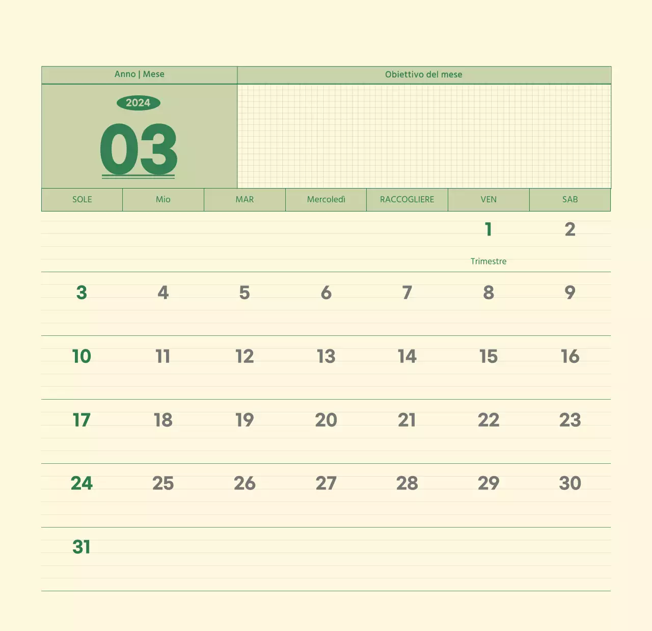 Calendario da parete SAT D-day concept in verde e giallo chiaro