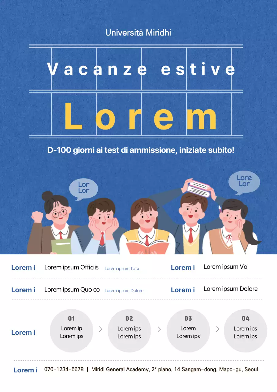 Poster verticale con illustrazioni in tonalità blu per promuovere la scuola estiva di preparazione ai test di ammissione.