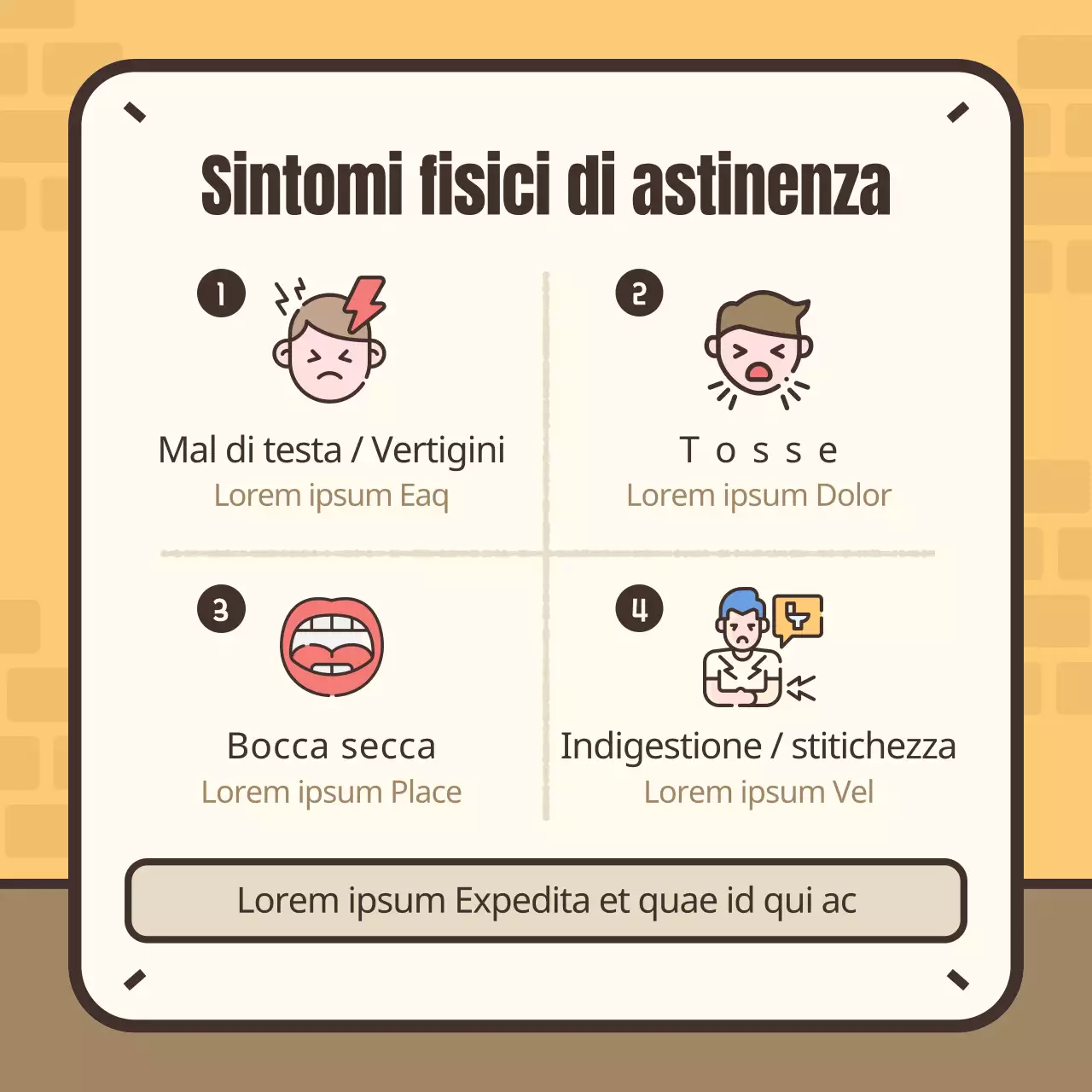 Simpatica illustrazione gialla e marrone dei sintomi dell'astinenza da fumo