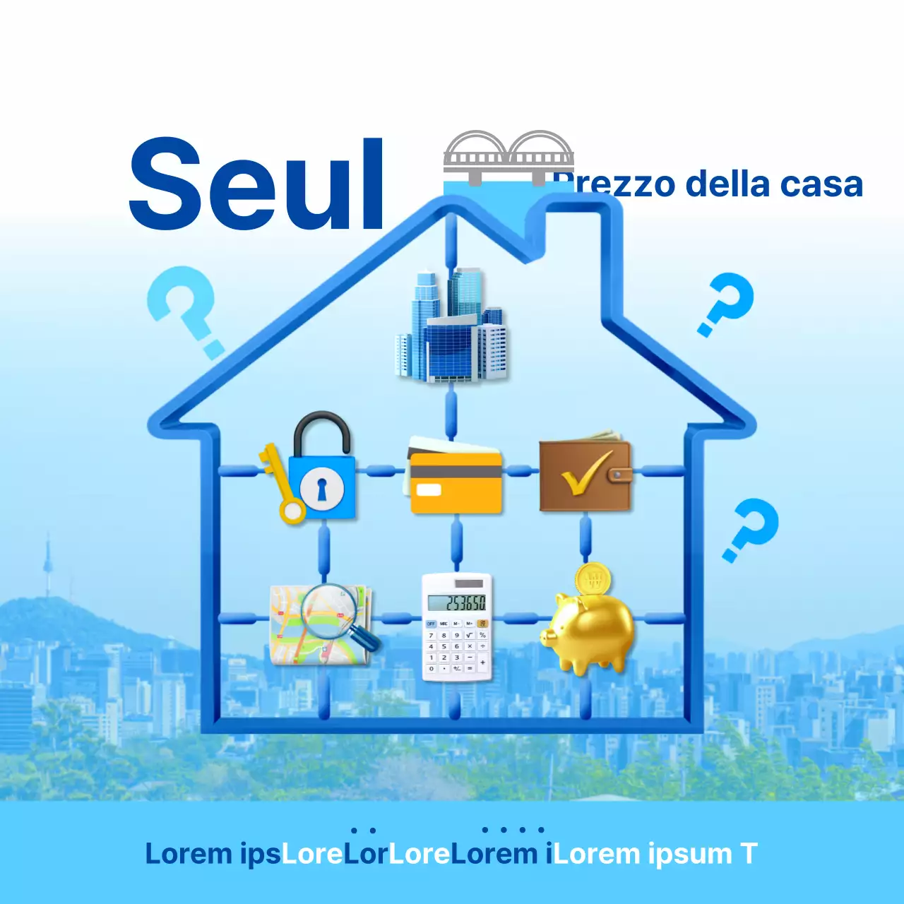 Icona blu giallo 3D concetto di parti di assemblaggio per la casa di Seoul prezzi promozione immobiliare