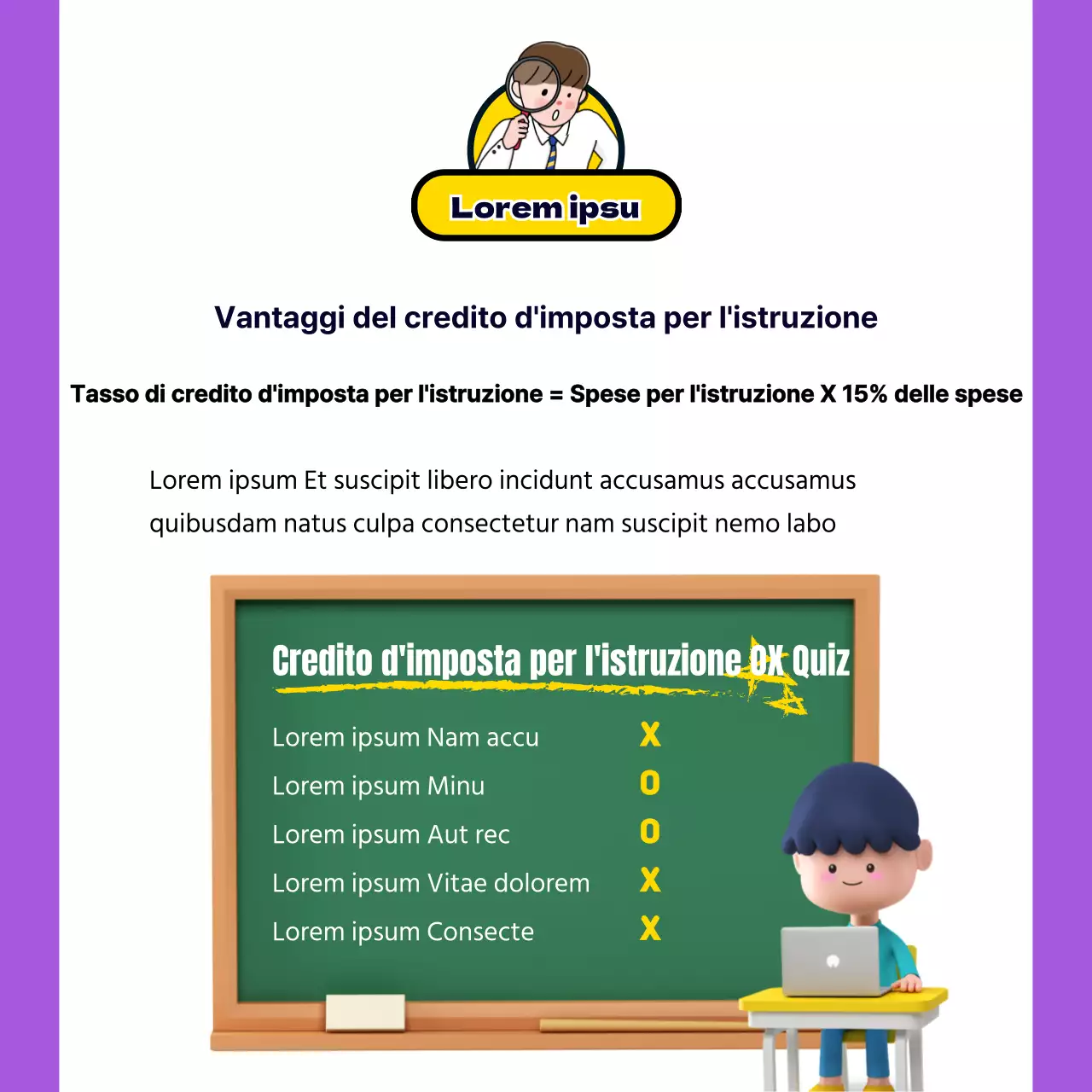 Riconciliazione di fine anno con simpatiche illustrazioni viola e gialle