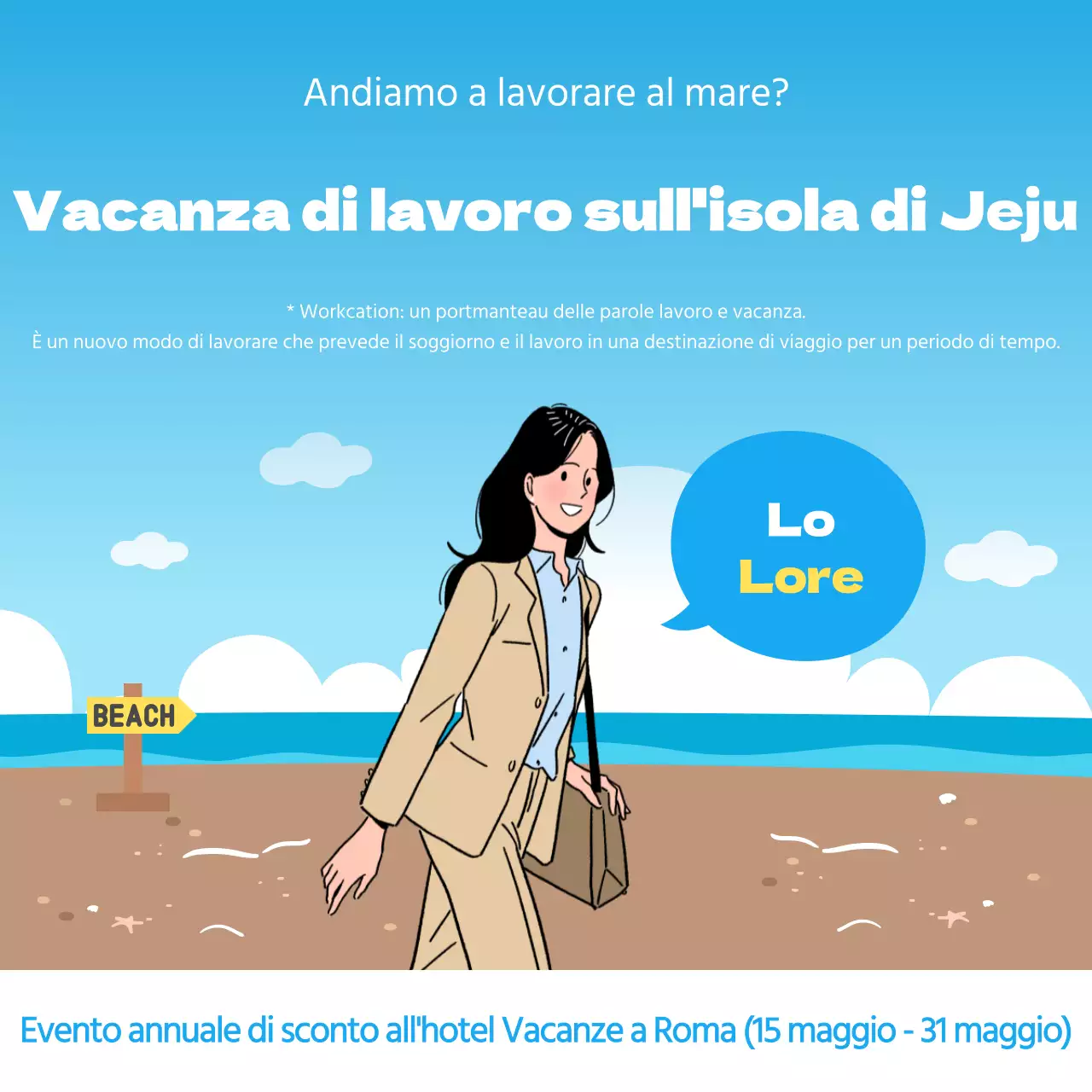 Soggiorni scontati nell'hotel per le vacanze di lavoro dell'isola di Jeju con un concetto di illustrazione a fumetti del mare blu