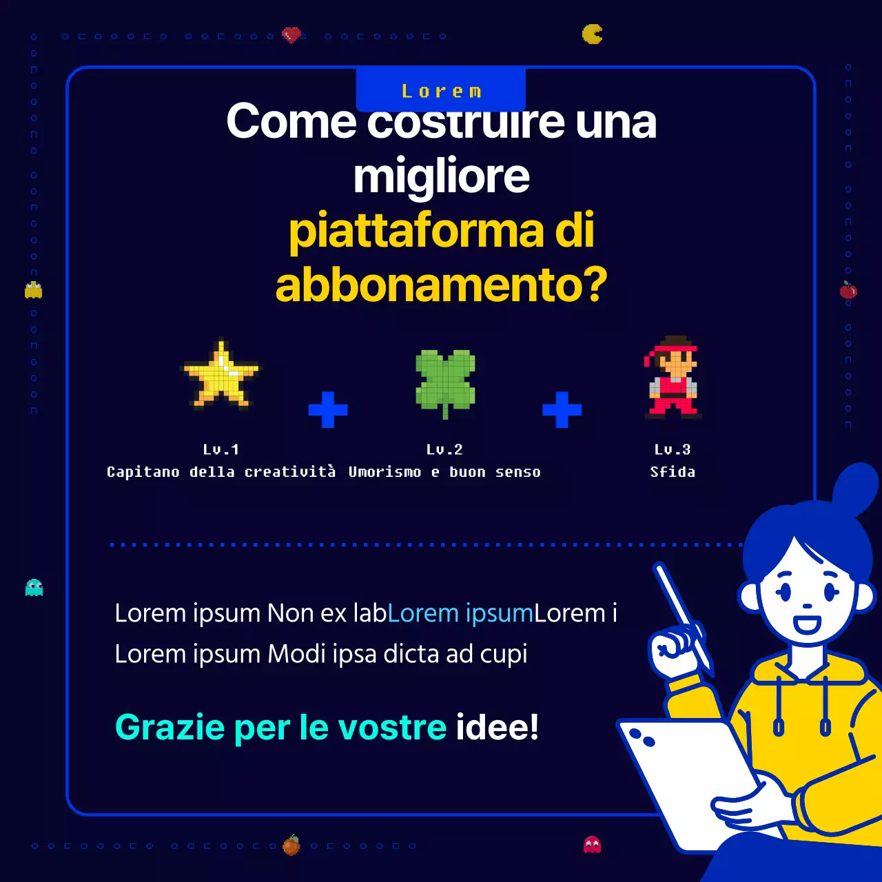 Un gioco pixel Pac-Man originale, divertente e retrò in blu navy e giallo Chiamata per nuove idee commerciali per un'azienda.