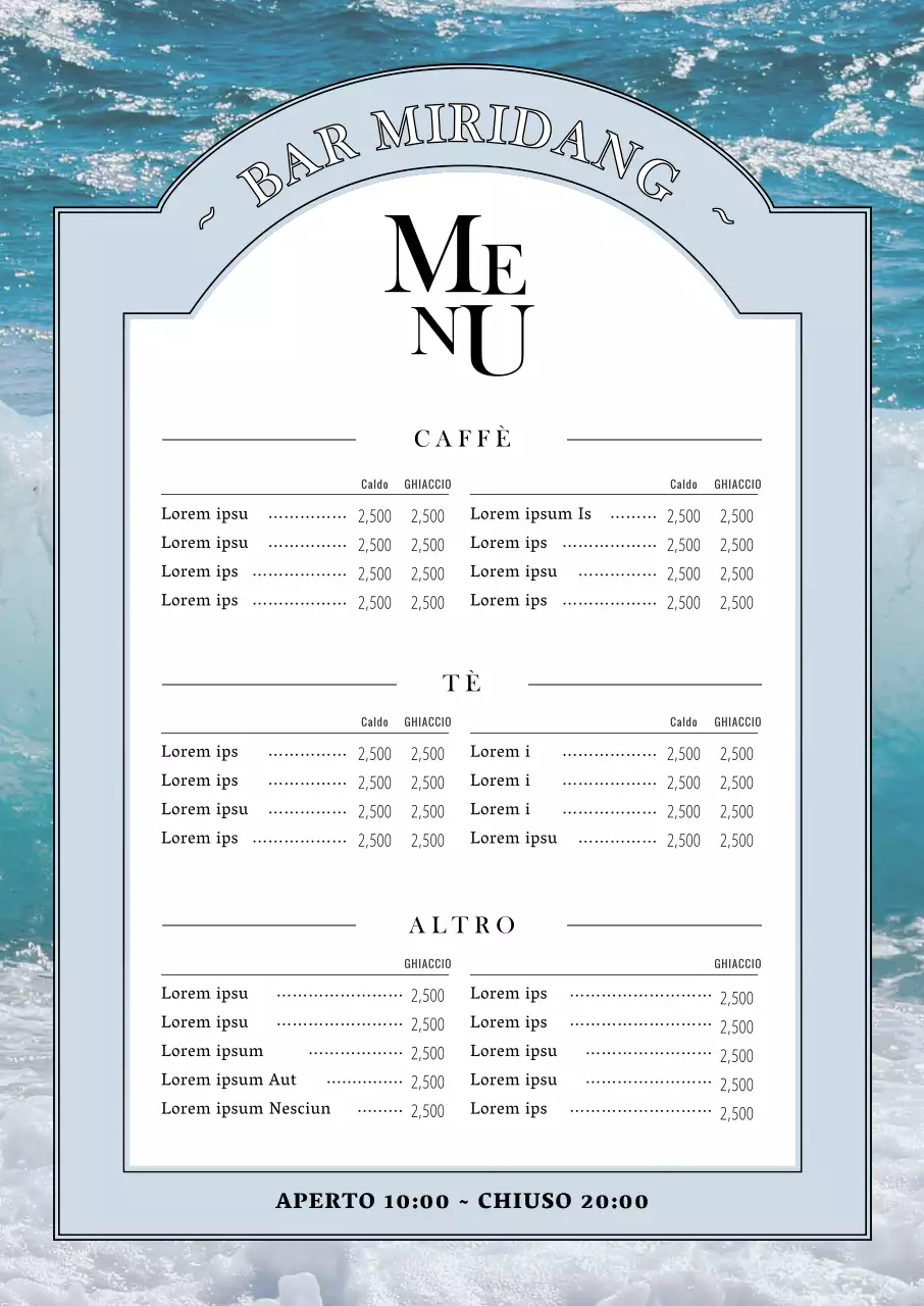 Il menu di un caffè sentimentale con lo sfondo dell'oceano blu