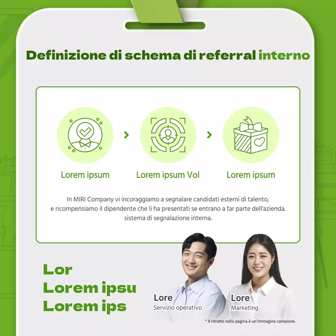 Illustrazione di linea semplice verde e tema della combinazione di schede dei dipendenti in 3D per l'introduzione del sistema di referral interno