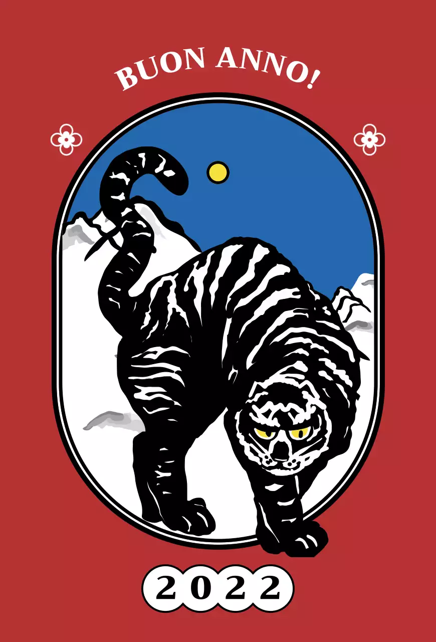 Biglietto di auguri per il nuovo anno con illustrazione di una tigre nera di Red's Neutroconcept