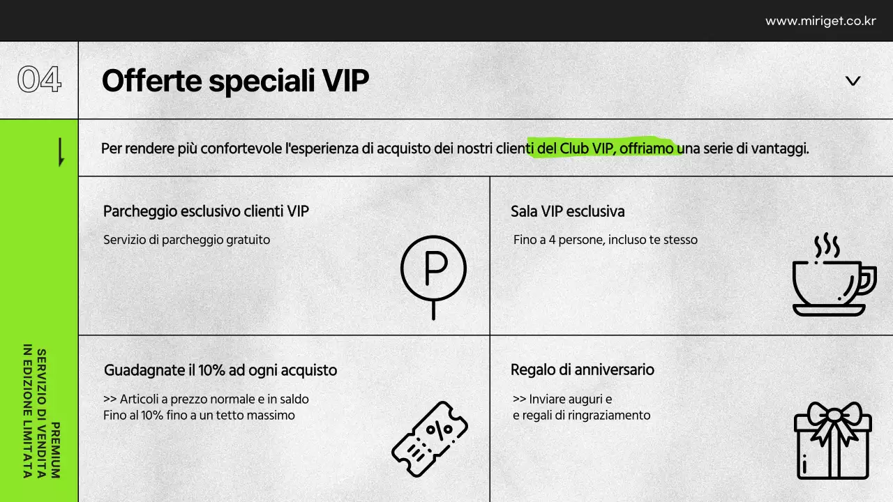 Presentazione dei benefit VIP dei grandi magazzini in bianco e nero e verde lime