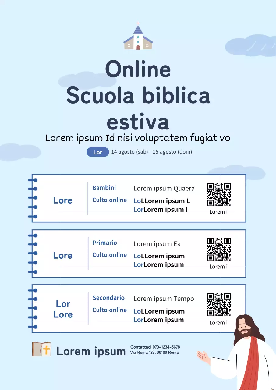 Online scuola biblica estiva chiesa ritratto poster con luce blu noteconcept illustrazione