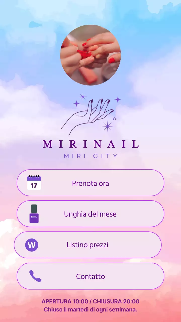 Nota di collegamento alla promozione di un salone per unghie di colore azzurro-viola