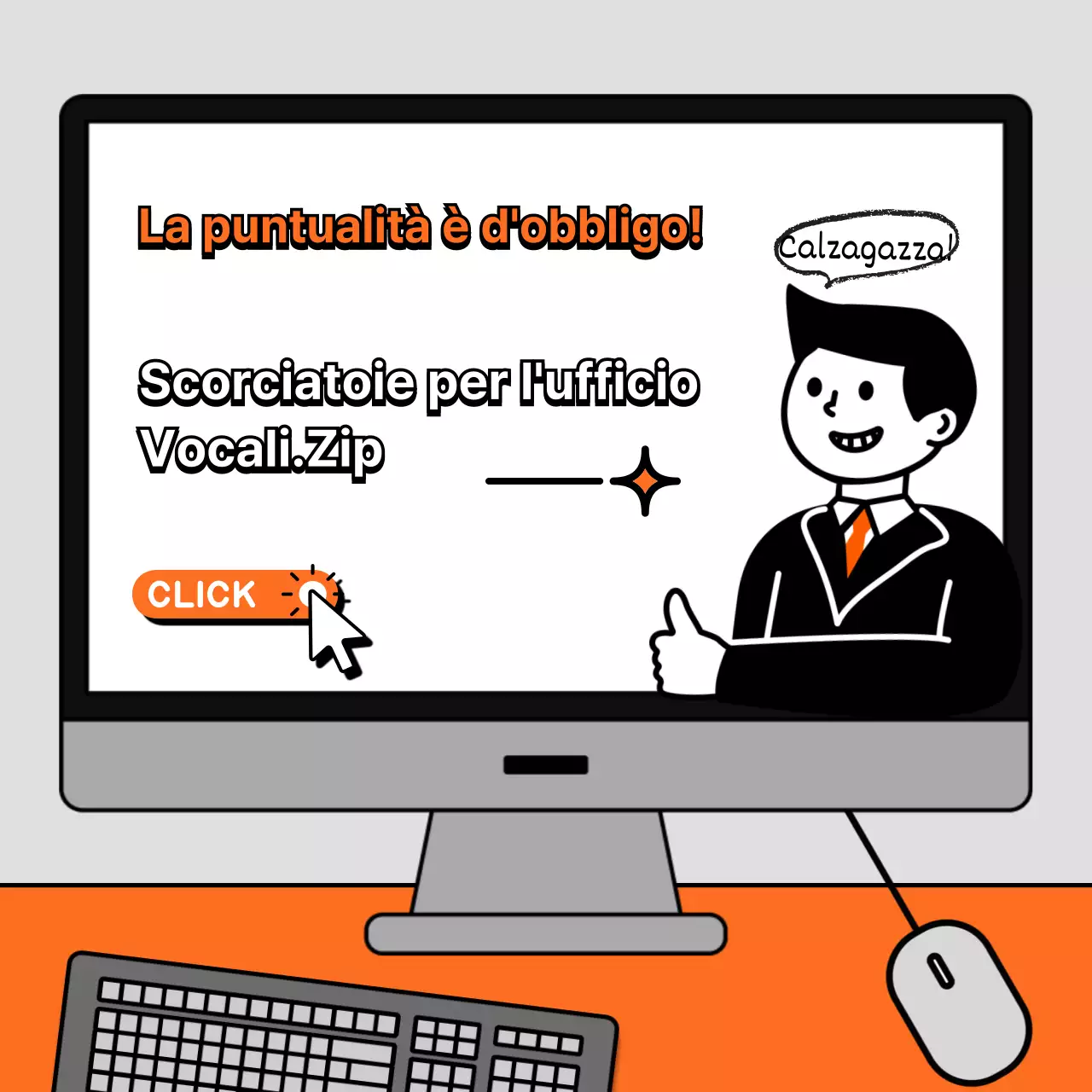 Una raccolta di scorciatoie per l'ufficio con un concetto illustrato in arancione e grigio.