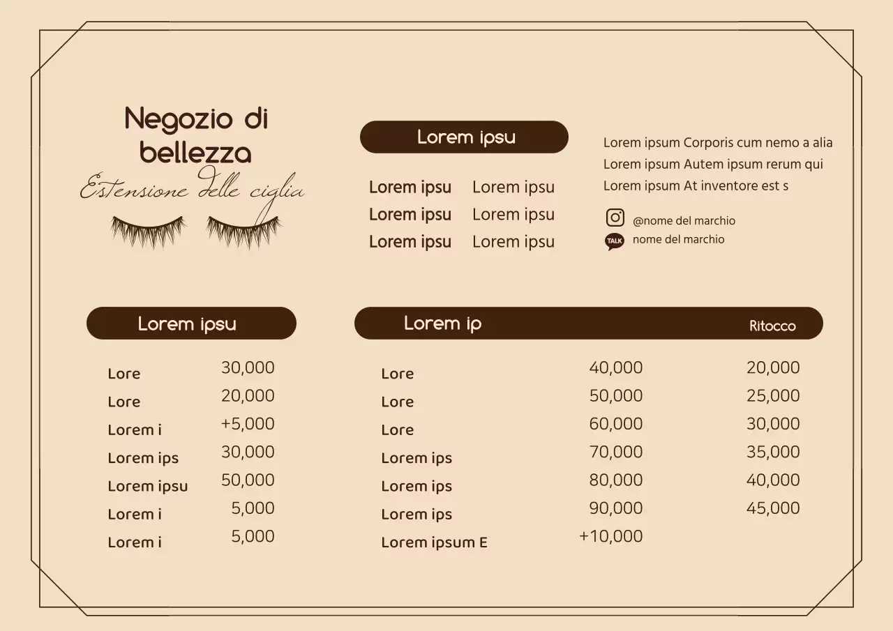 Menu di un negozio di bellezza pulito con illustrazioni in marrone