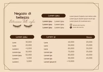 Menu di un negozio di bellezza pulito con illustrazioni in marrone