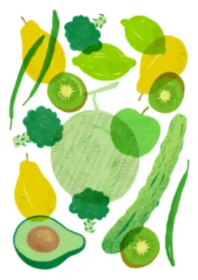 Illustrazione di varie verdure e frutti in verde