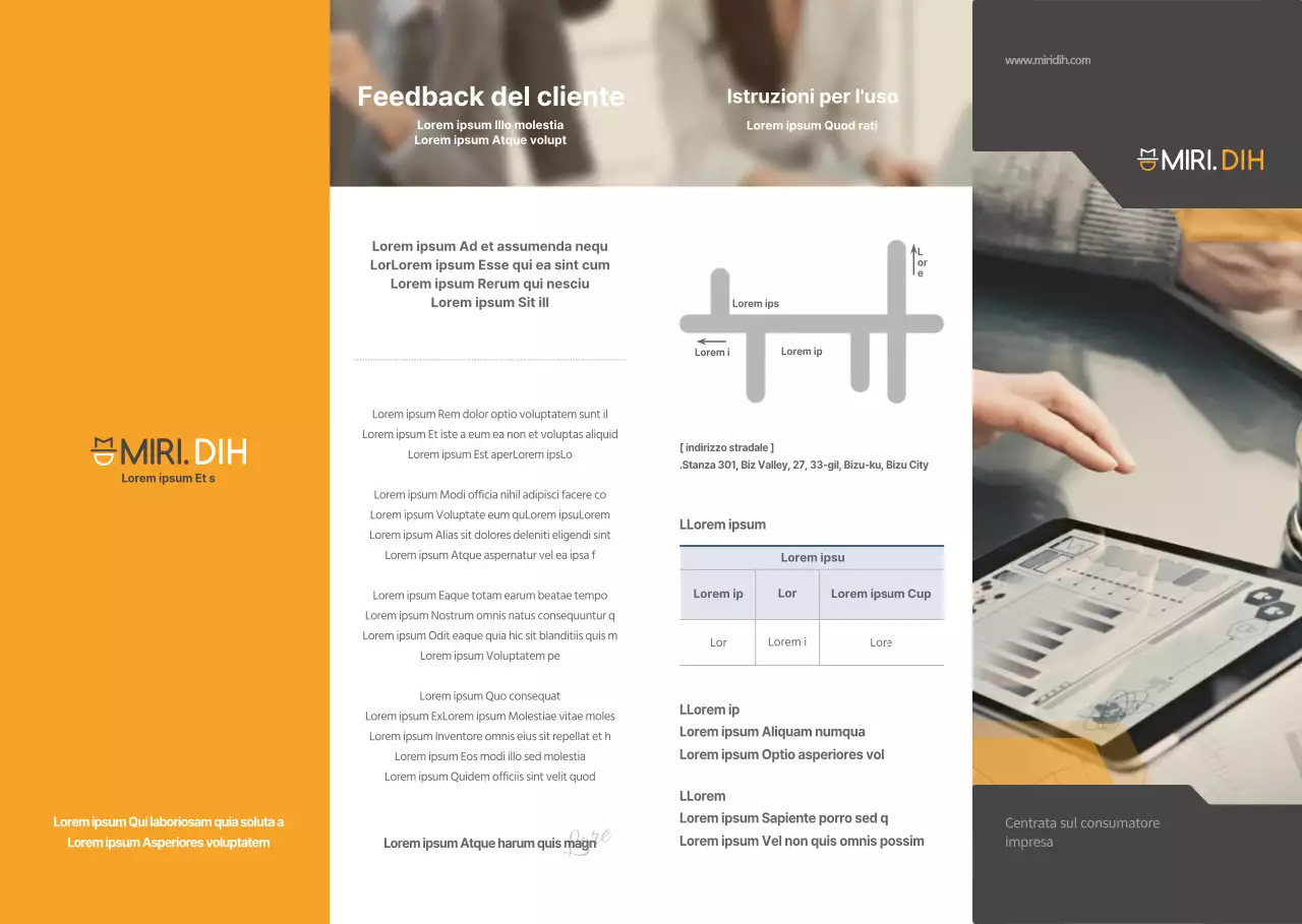 Concetto semplice in arancione e grigio scuro Chi siamo e informazioni su Miridi