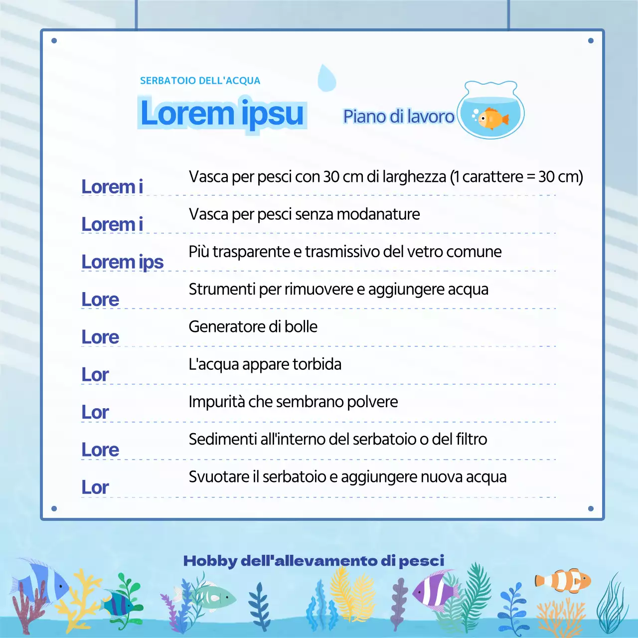Sfondo acquario con molti pesci blu ondulati, glossario vita acquatica CardNews