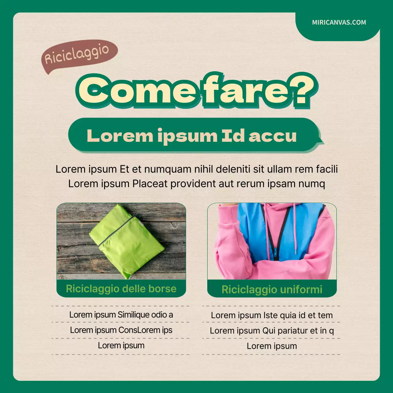 Sfida di upcycling con illustrazioni verdi e beige CardNews