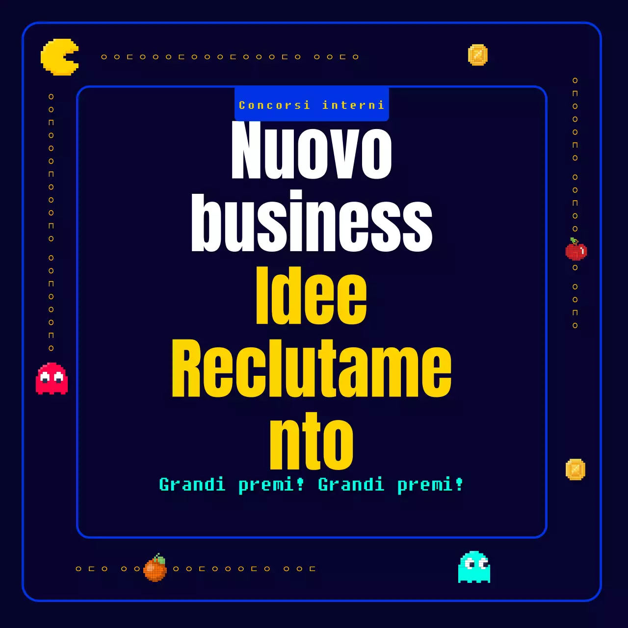Un gioco pixel Pac-Man originale, divertente e retrò in blu navy e giallo Chiamata per nuove idee commerciali per un'azienda.