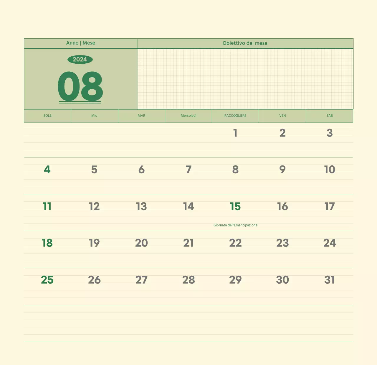 Calendario da parete SAT D-day concept in verde e giallo chiaro