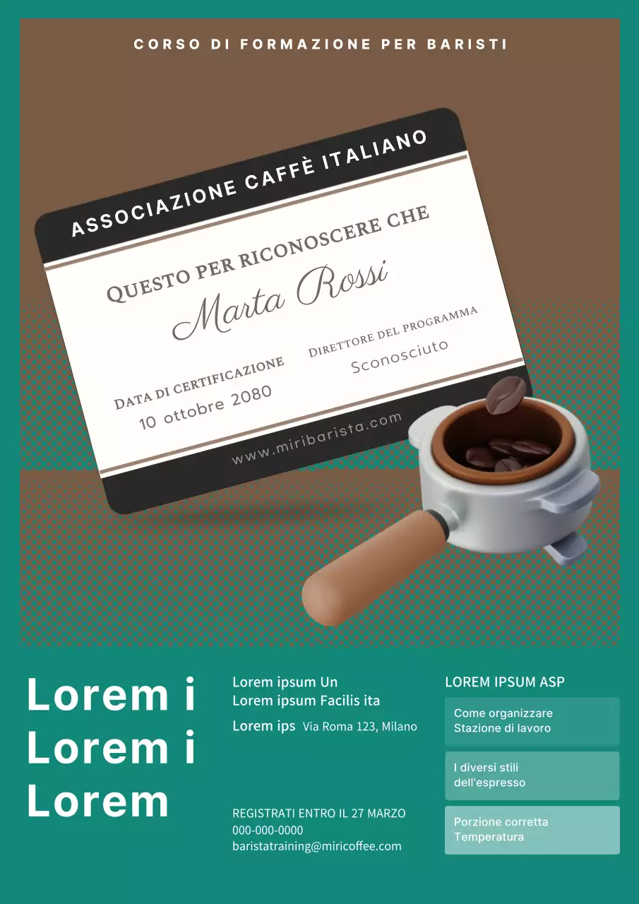 Turchese Marrone Carino 3D Fagiolo Illustrazione Corso di formazione Barista Reclutamento Webposter