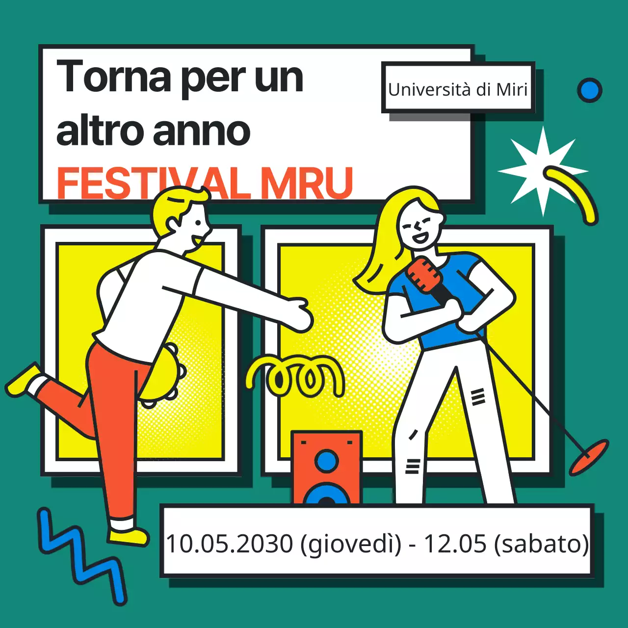 Illustrazione colorata in stile pop art per promuovere un festival universitario