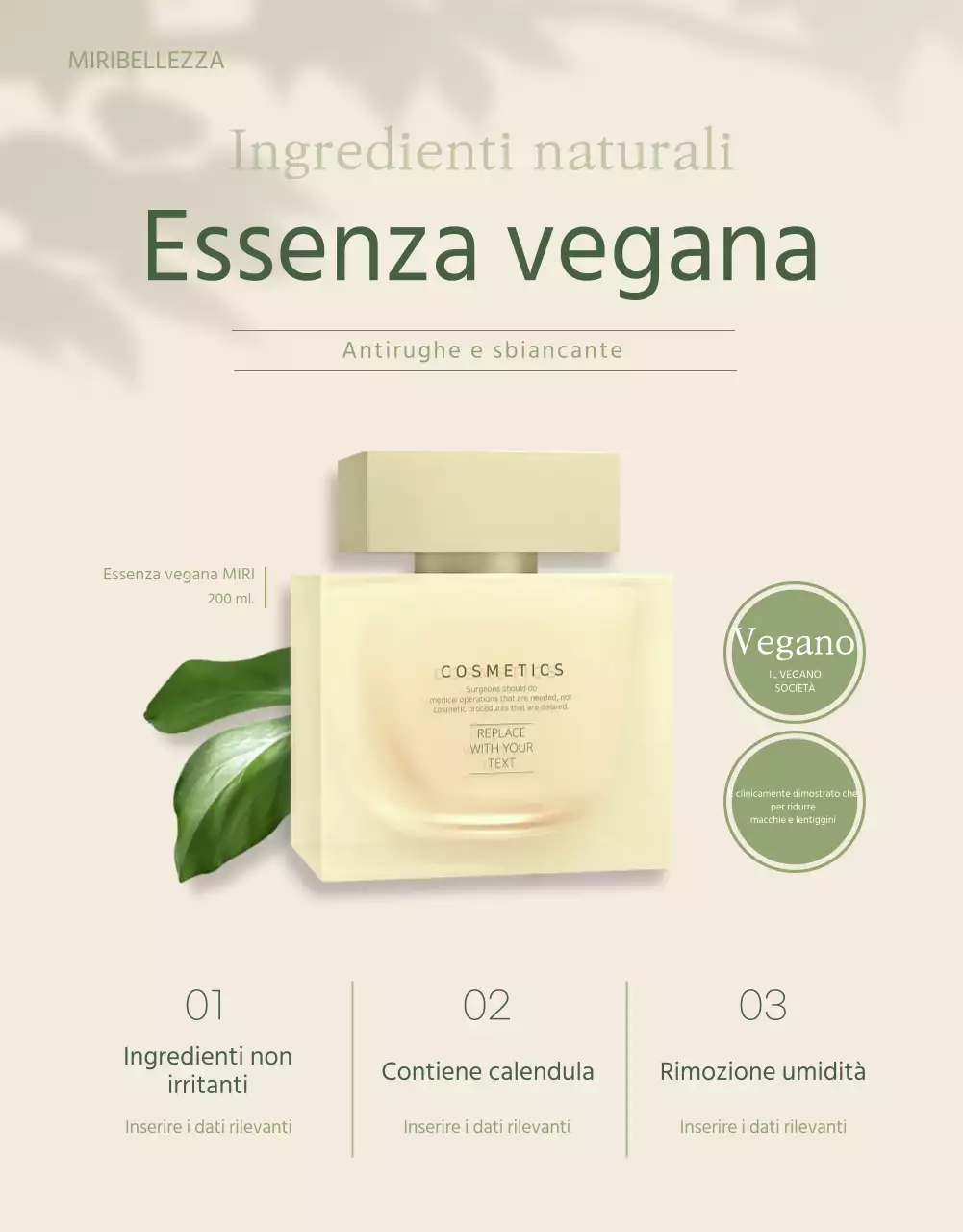 Pagina di dettaglio dei cosmetici vegani in verde avorio