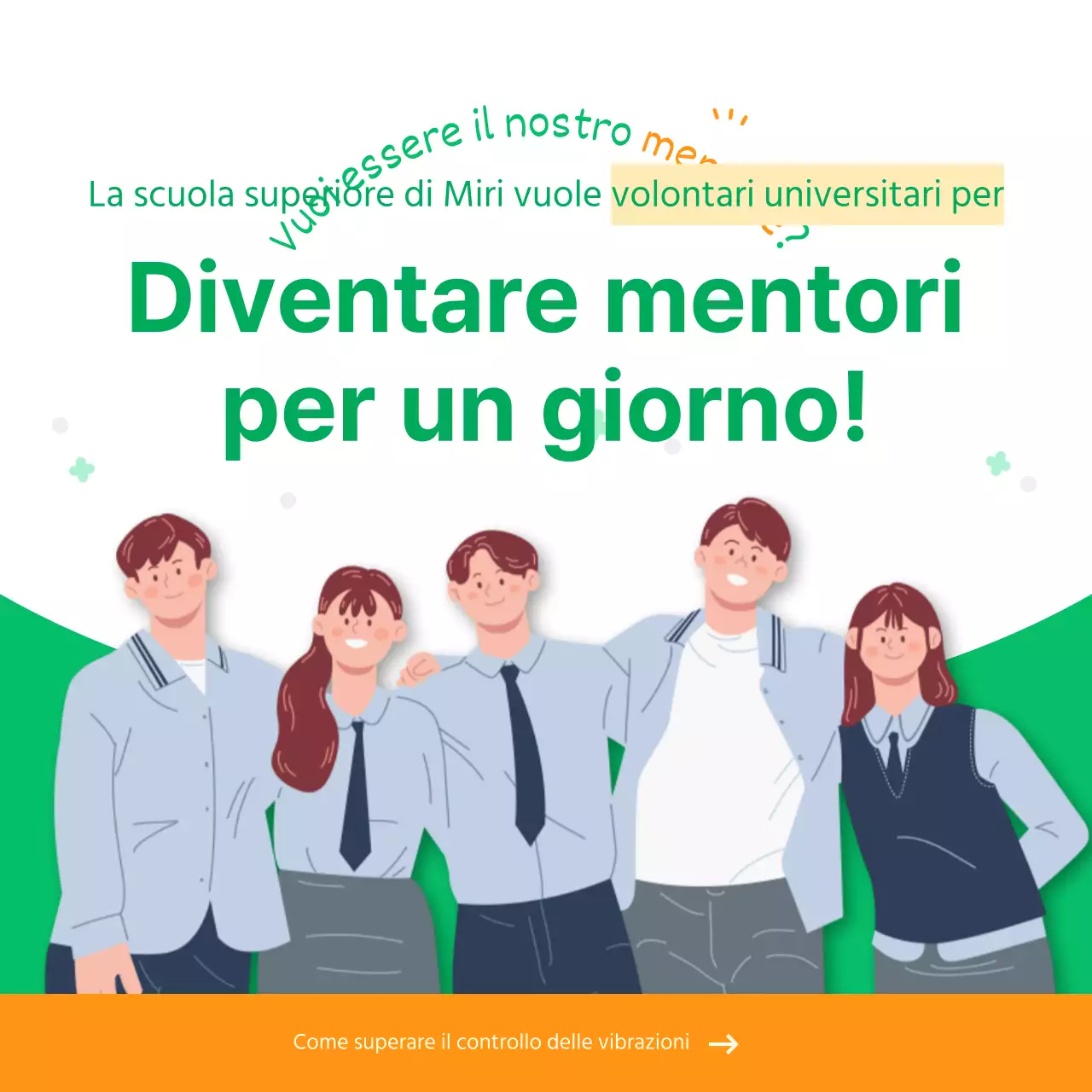 Concetto di illustrazione verde e arancione Reclutamento di studenti universitari volontari