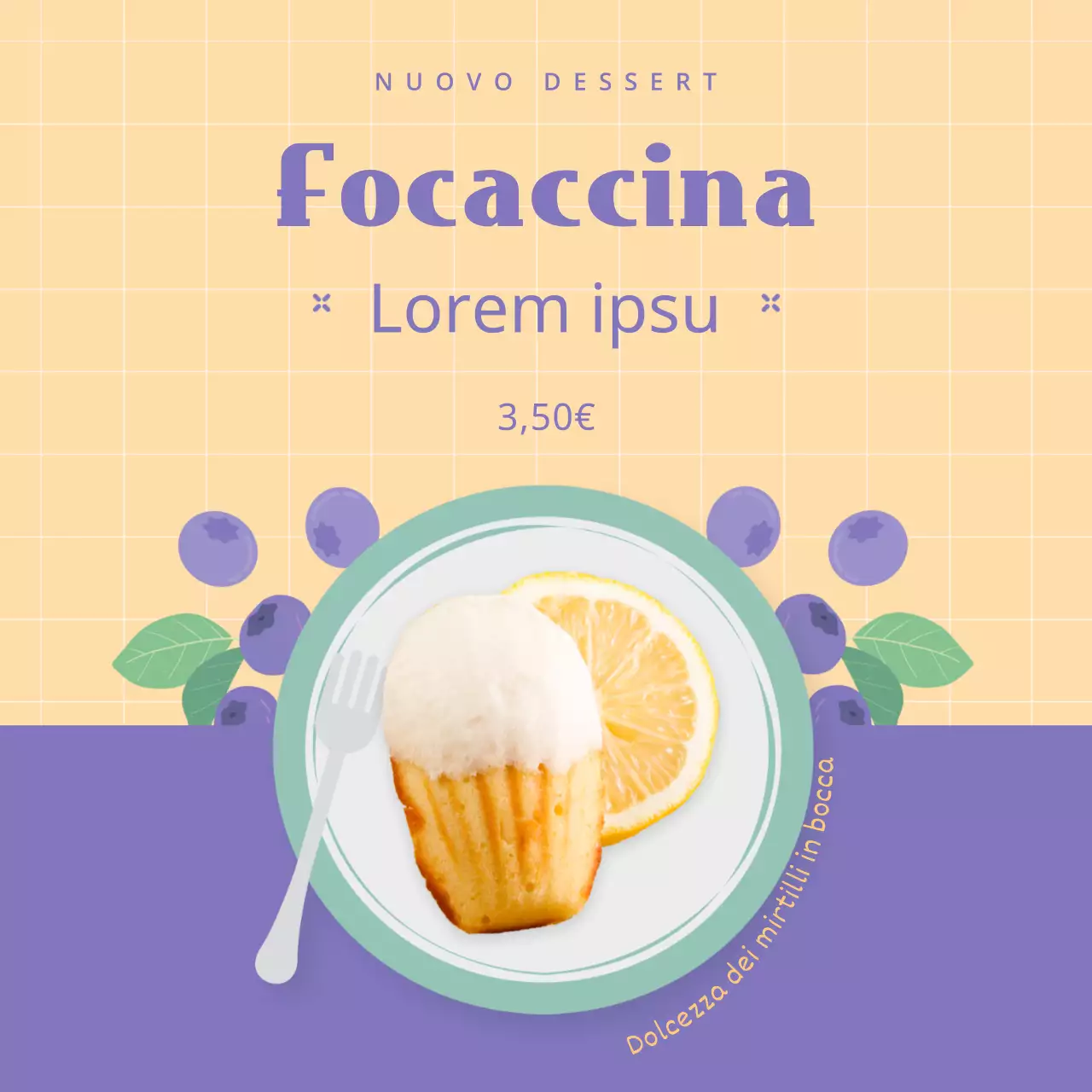 Un menu di dolci a base di focaccia con foto viola e avorio