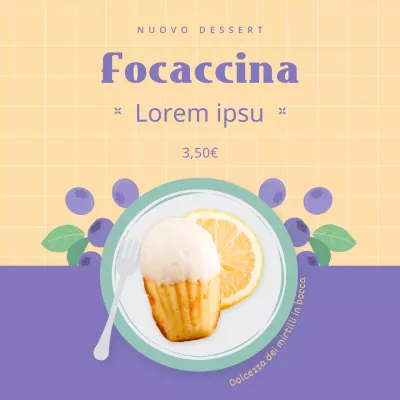 Un menu di dolci a base di focaccia con foto viola e avorio