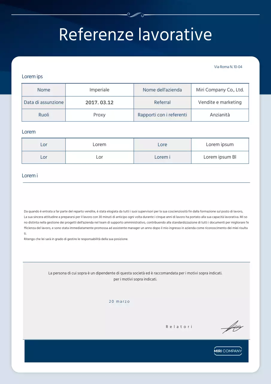 Lettera di raccomandazione blu navy, ordinata e pulita