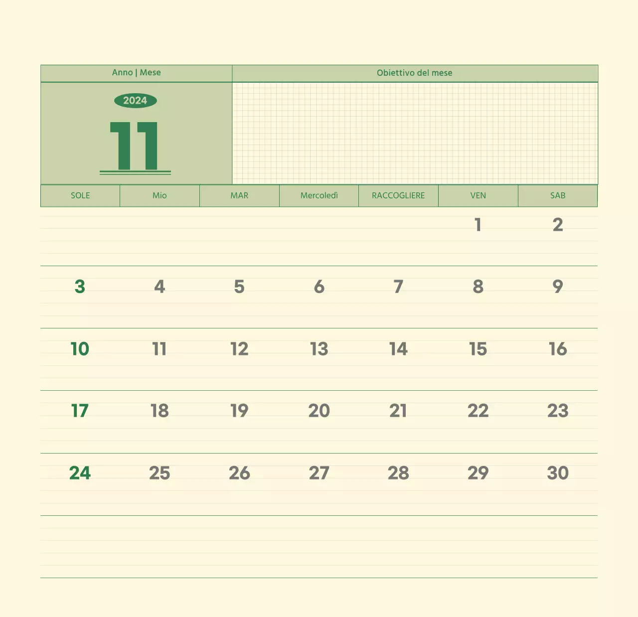 Calendario da parete SAT D-day concept in verde e giallo chiaro