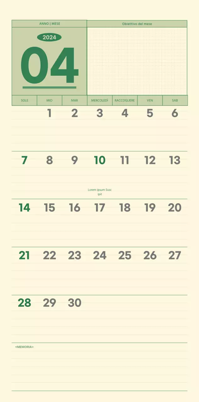 Calendario da parete SAT D-day concept in verde e giallo chiaro