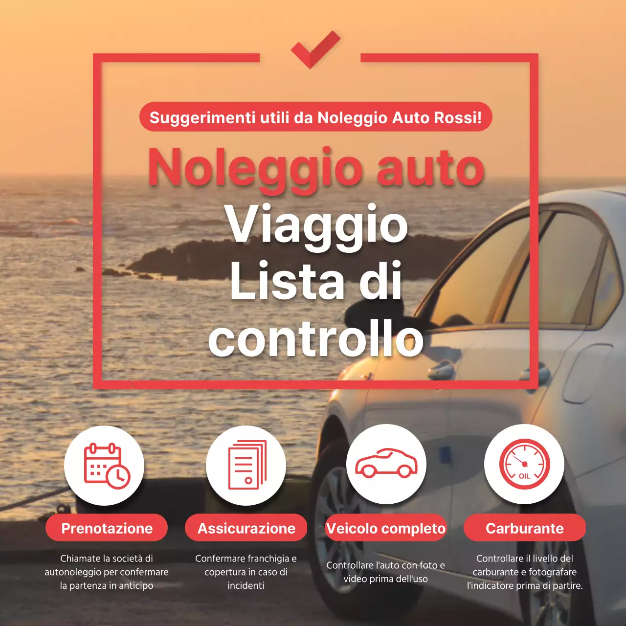 Lista di controllo per il noleggio auto per viaggiare in punti rossi Social media