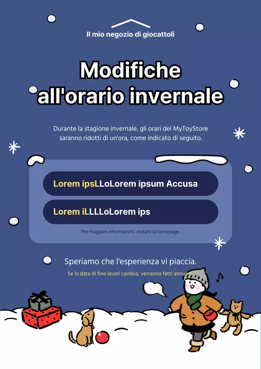 Simpatica illustrazione invernale in tonalità blu Orario di apertura invernale Avviso di modifica Avviso operativo webposter