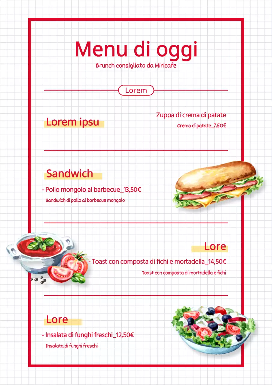 Menu brunch illustrato in rosso