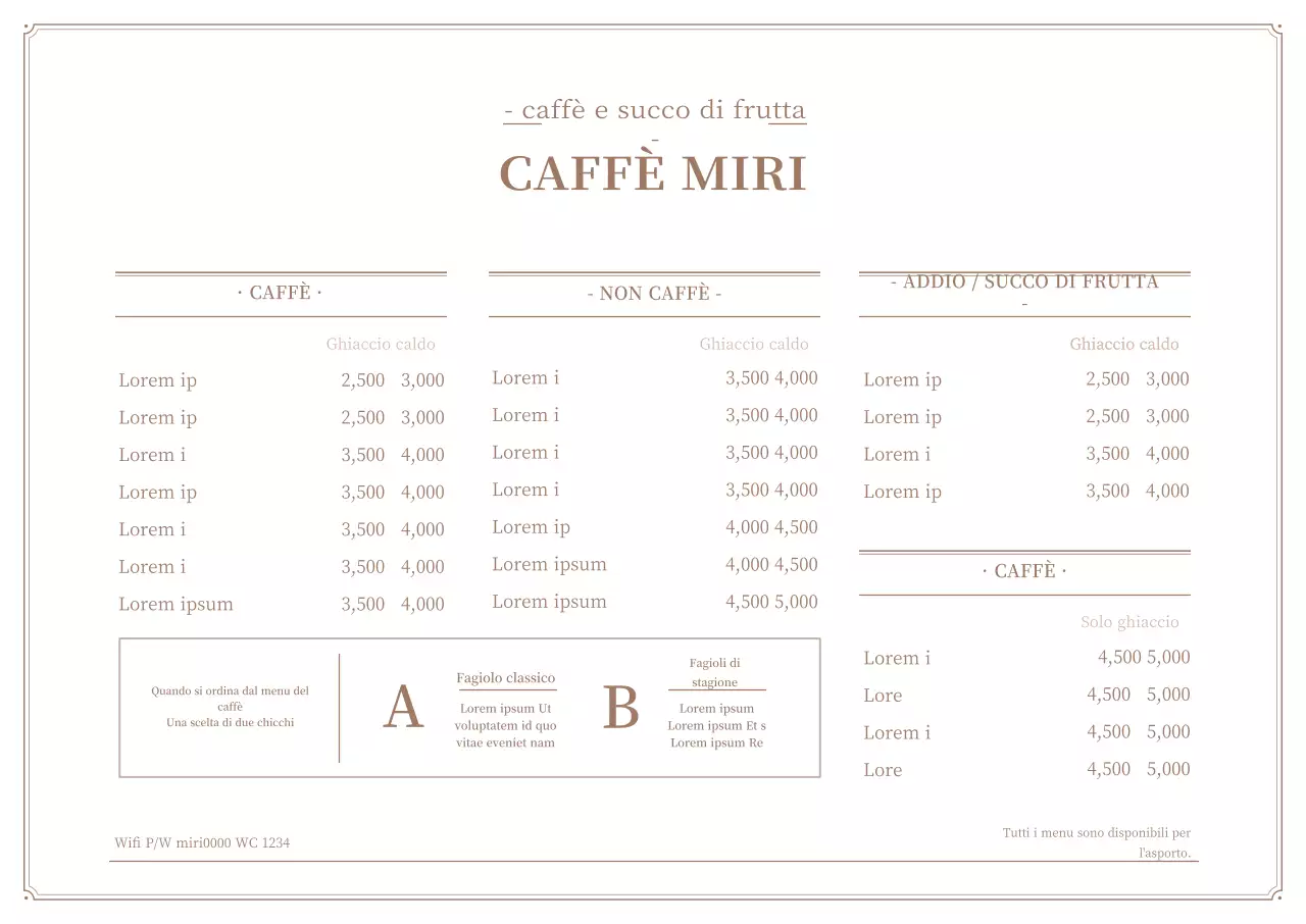 Semplice cartellone di menu del caffè orizzontale in bianco e marrone