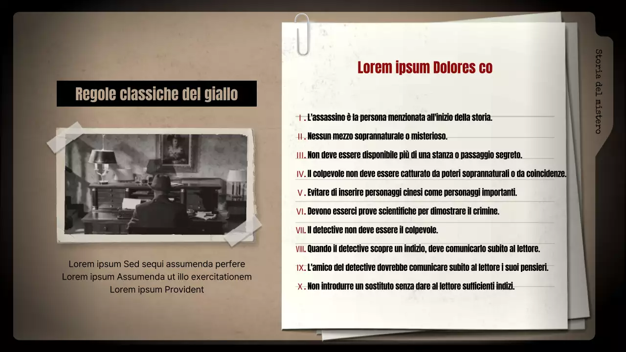 Analisi di romanzi gialli con sfondi neri e schedari marroni