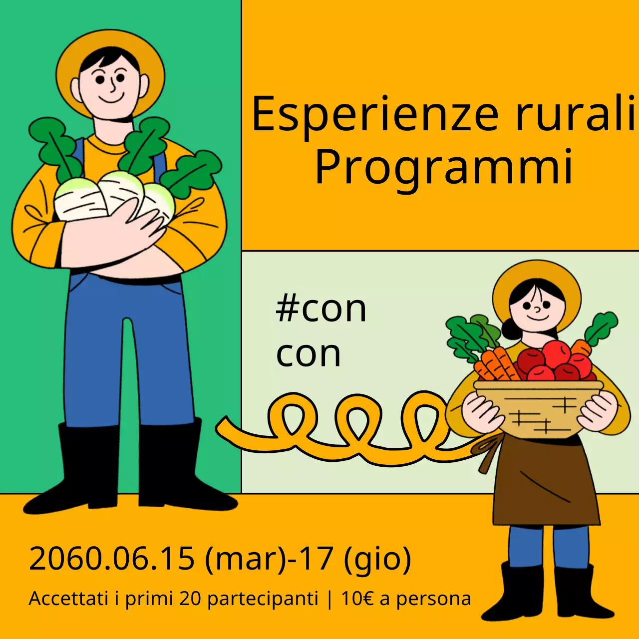 Personaggio contadino in giallo e menta per promuovere le esperienze rurali