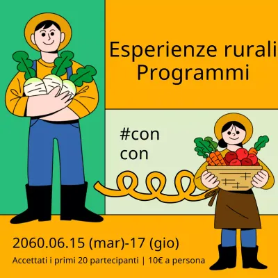 Personaggio contadino in giallo e menta per promuovere le esperienze rurali