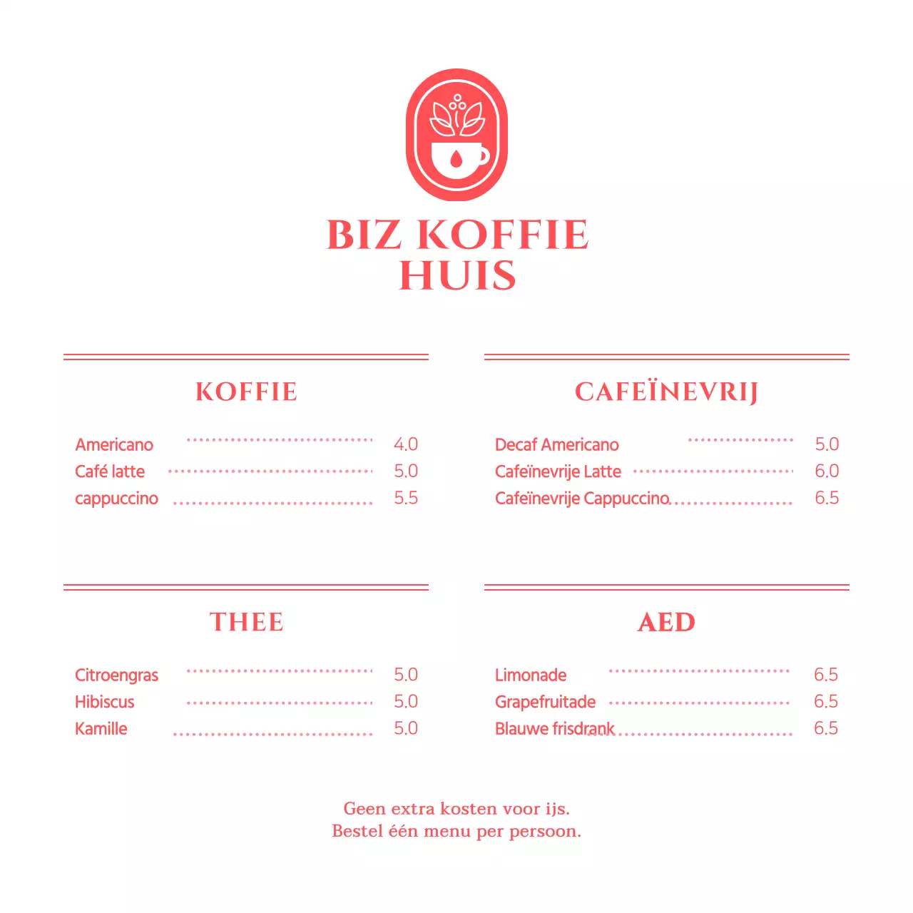 Menuprijzen voor een eenvoudig rood-wit conceptcafé