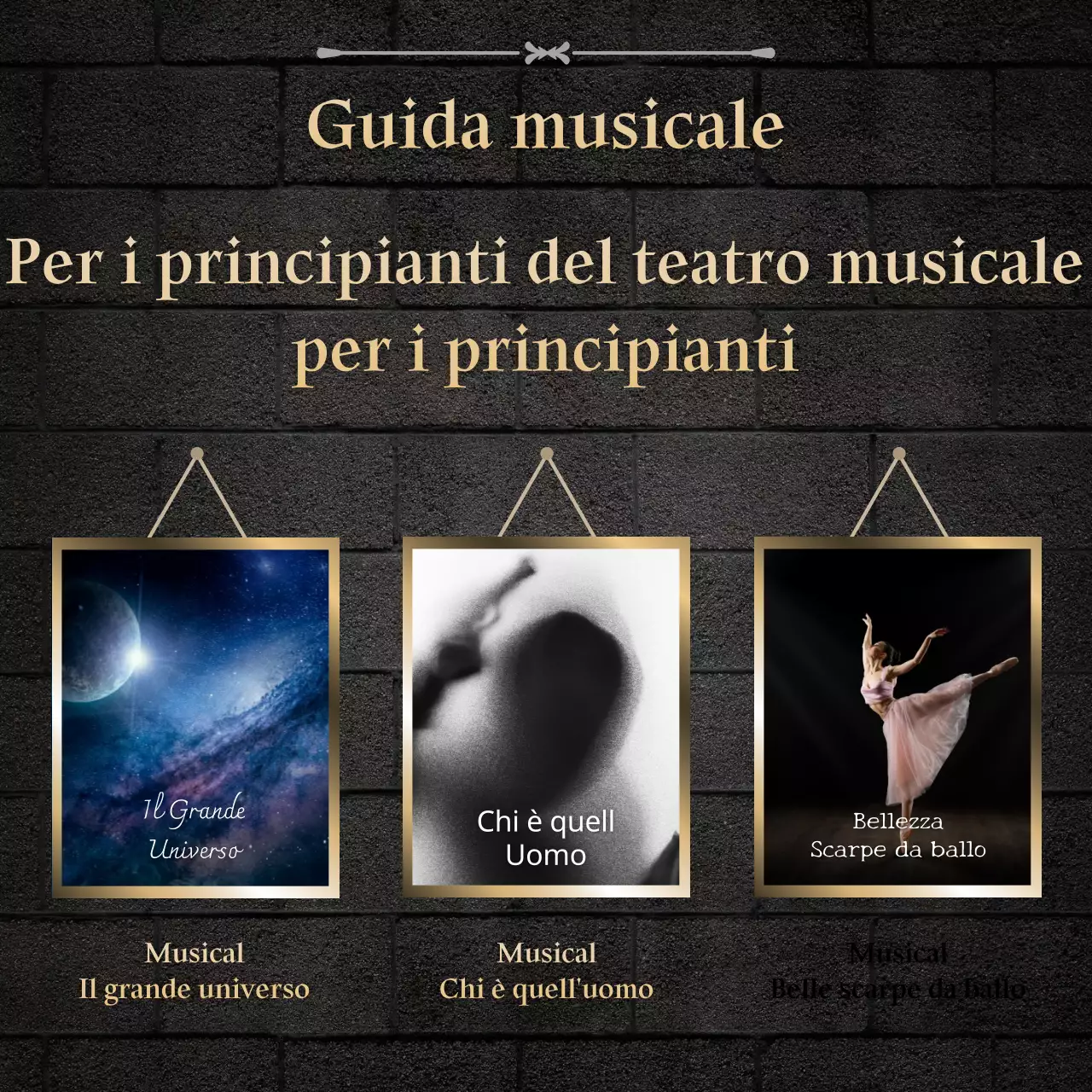 Una guida per principianti al teatro musicale con un concetto di sfondo nero scuro a mattoncini.