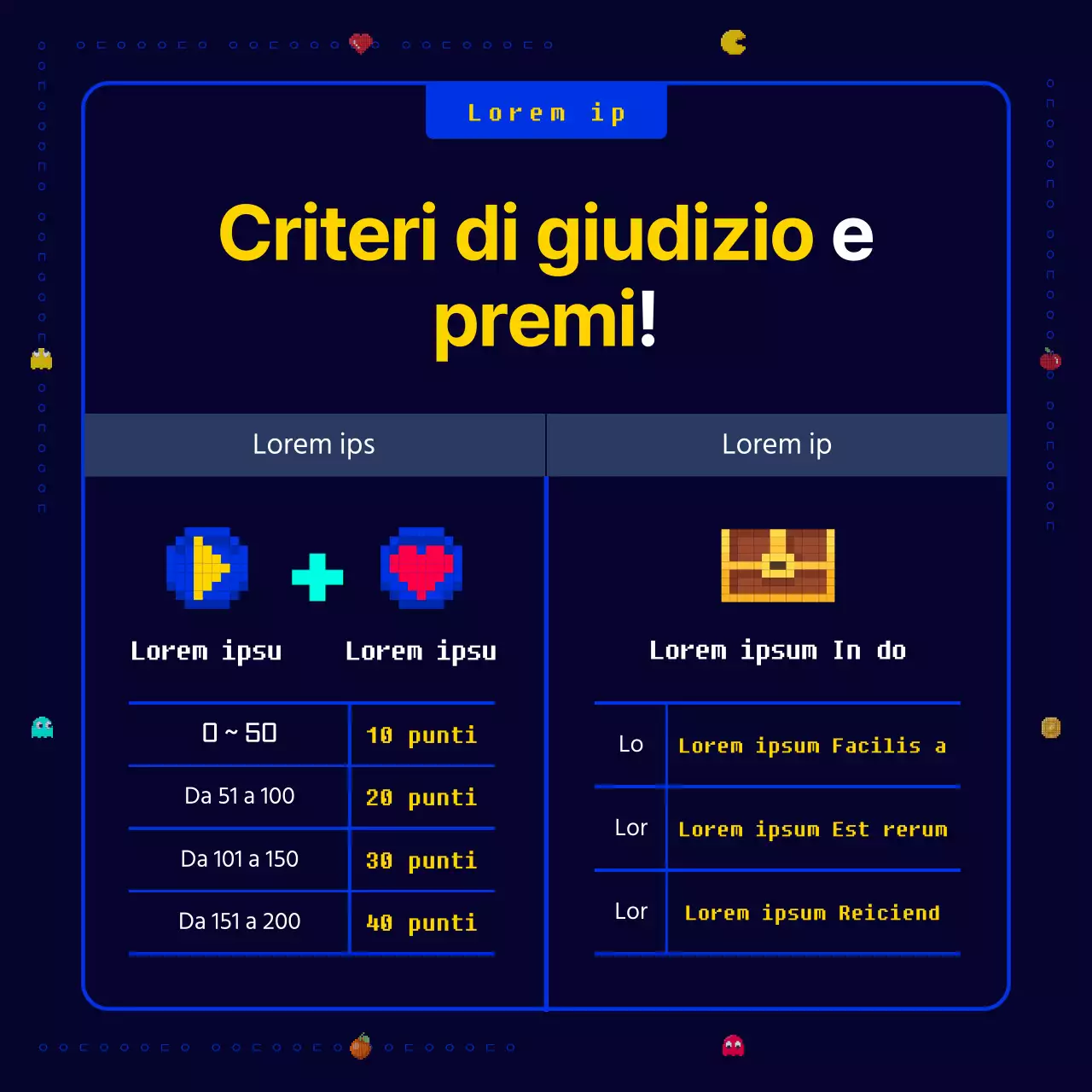 Un gioco pixel Pac-Man originale, divertente e retrò in blu navy e giallo Chiamata per nuove idee commerciali per un'azienda.