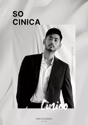 Volantino di abbigliamento maschile moderno nei toni del bianco e del nero