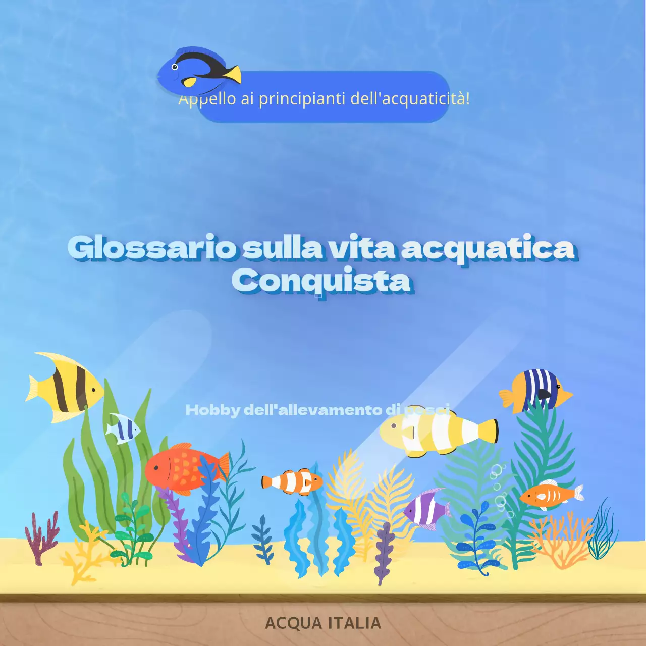 Sfondo acquario con molti pesci blu ondulati, glossario vita acquatica CardNews