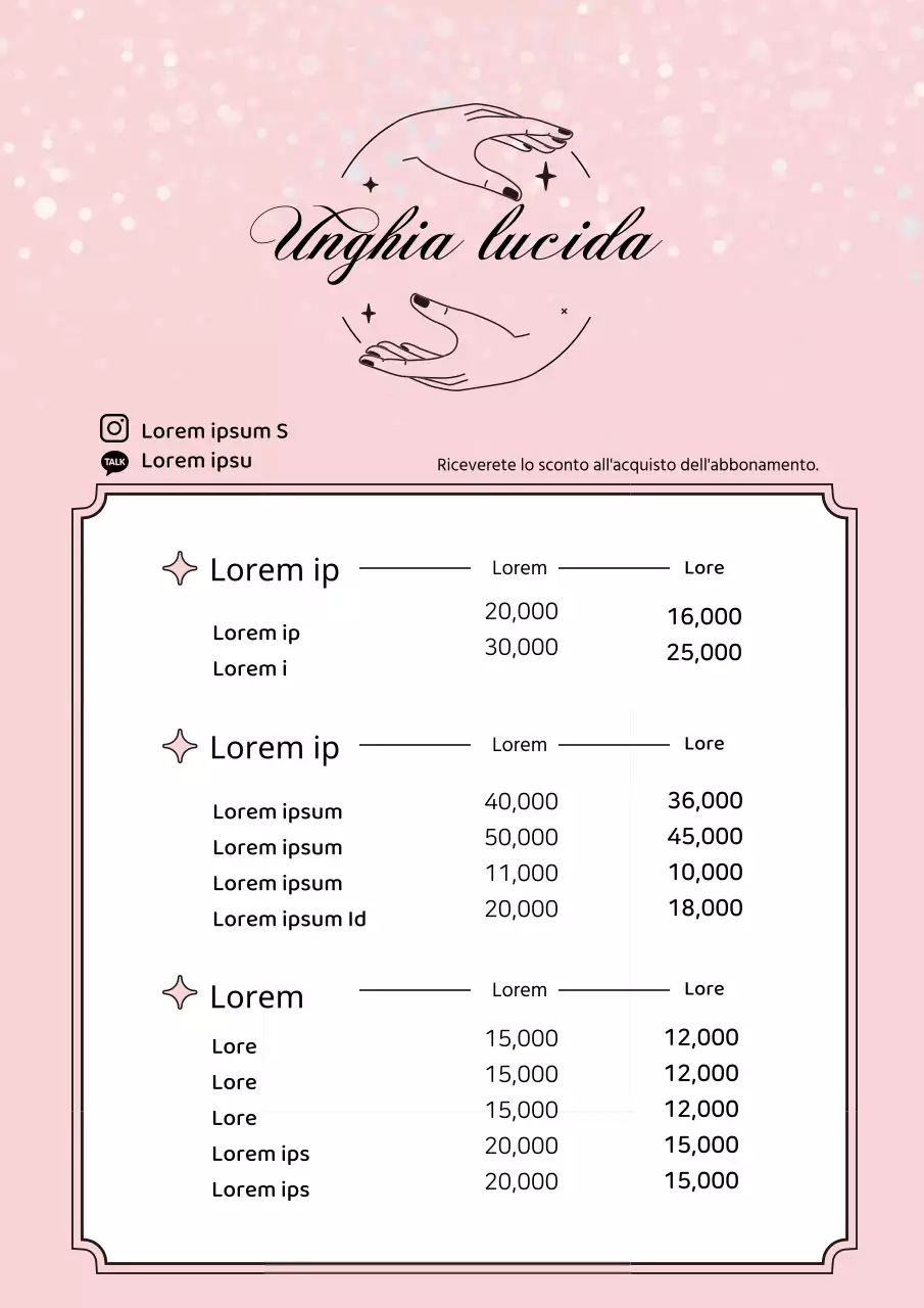 Menu del salone per unghie pulito con illustrazioni rosa