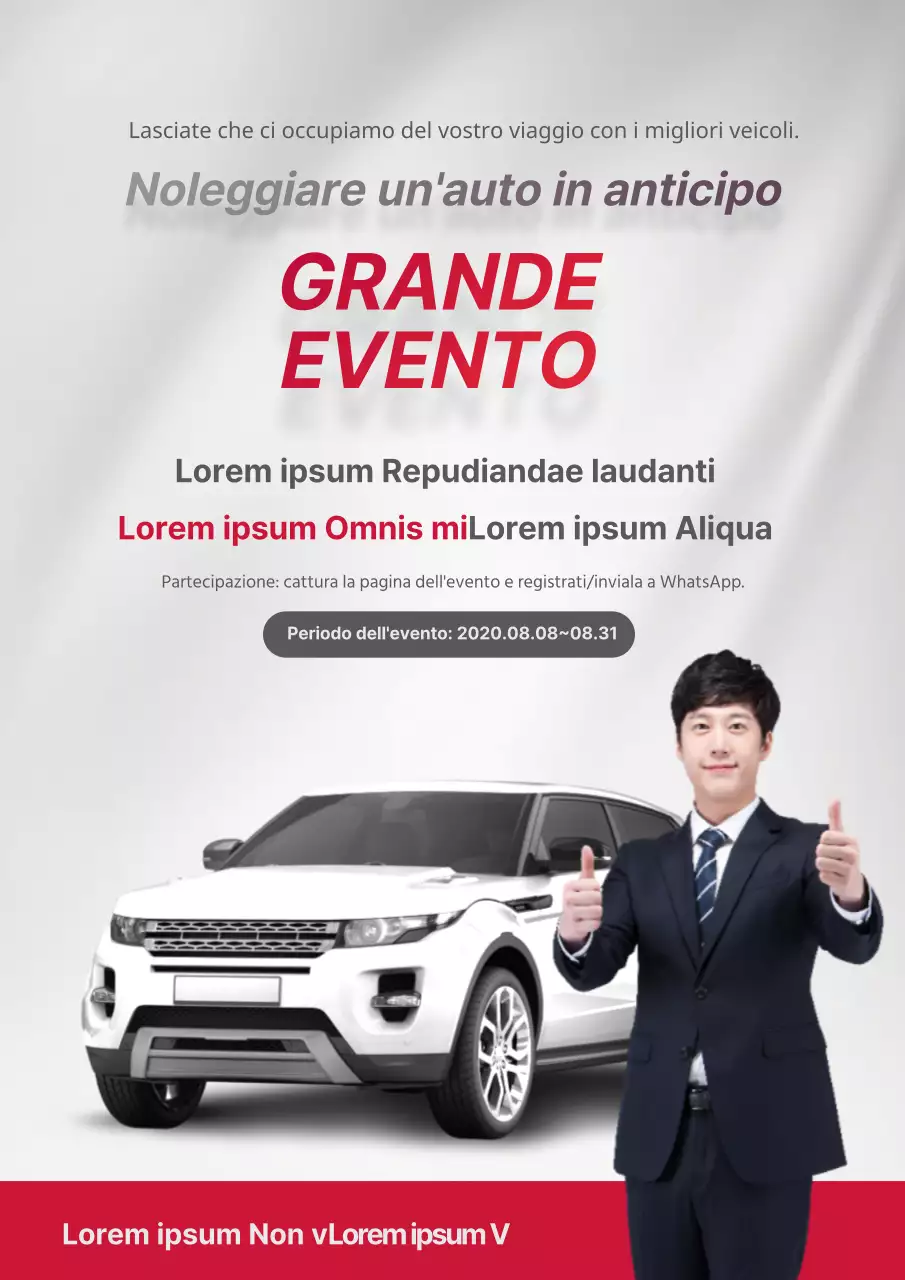 Promuovere uno sconto sul noleggio auto con una foto di un'auto rossa e grigia