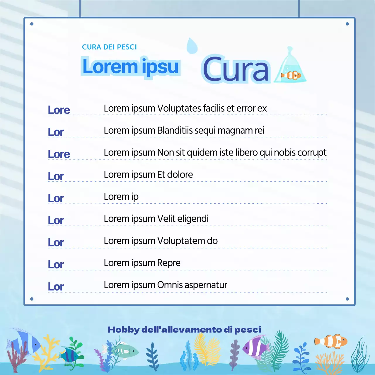 Sfondo acquario con molti pesci blu ondulati, glossario vita acquatica CardNews