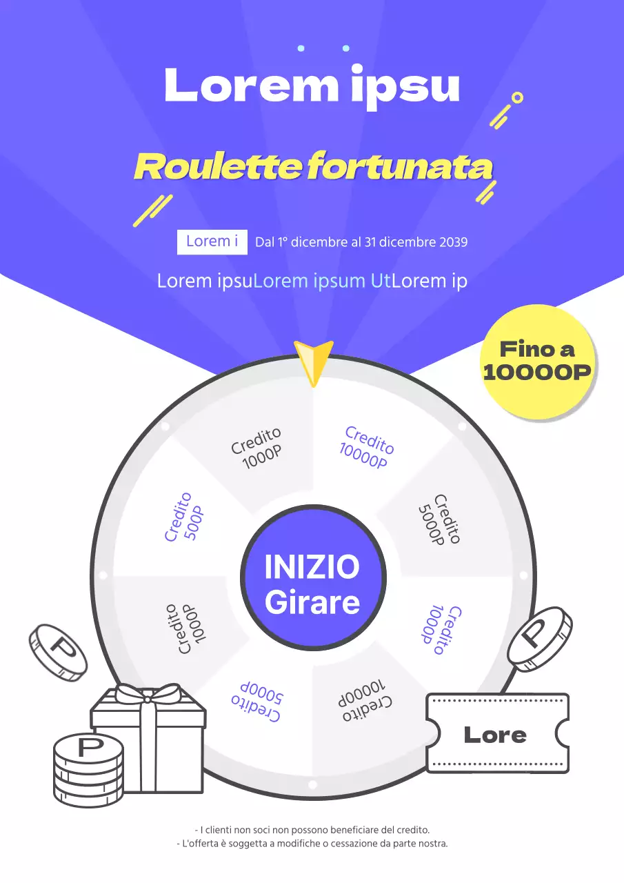 Promuovere un evento di roulette con un'illustrazione di roulette blu e gialla