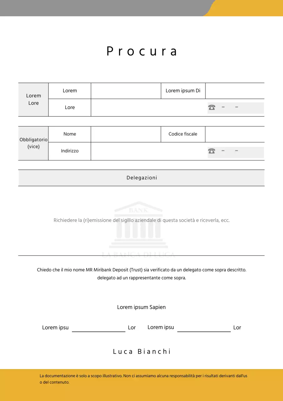 Modulo di procura bancaria in punti gialli